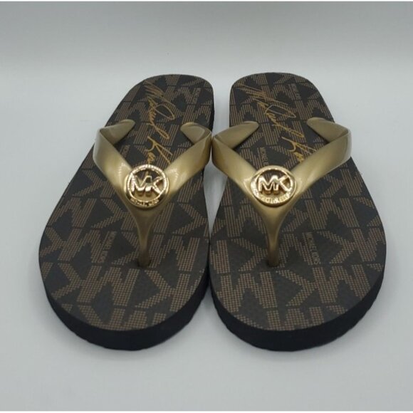 Michael Kors Size 9 Jet Set Signature Flip Flops Brown / Gold Logo NWOB - Picture 2 of 12